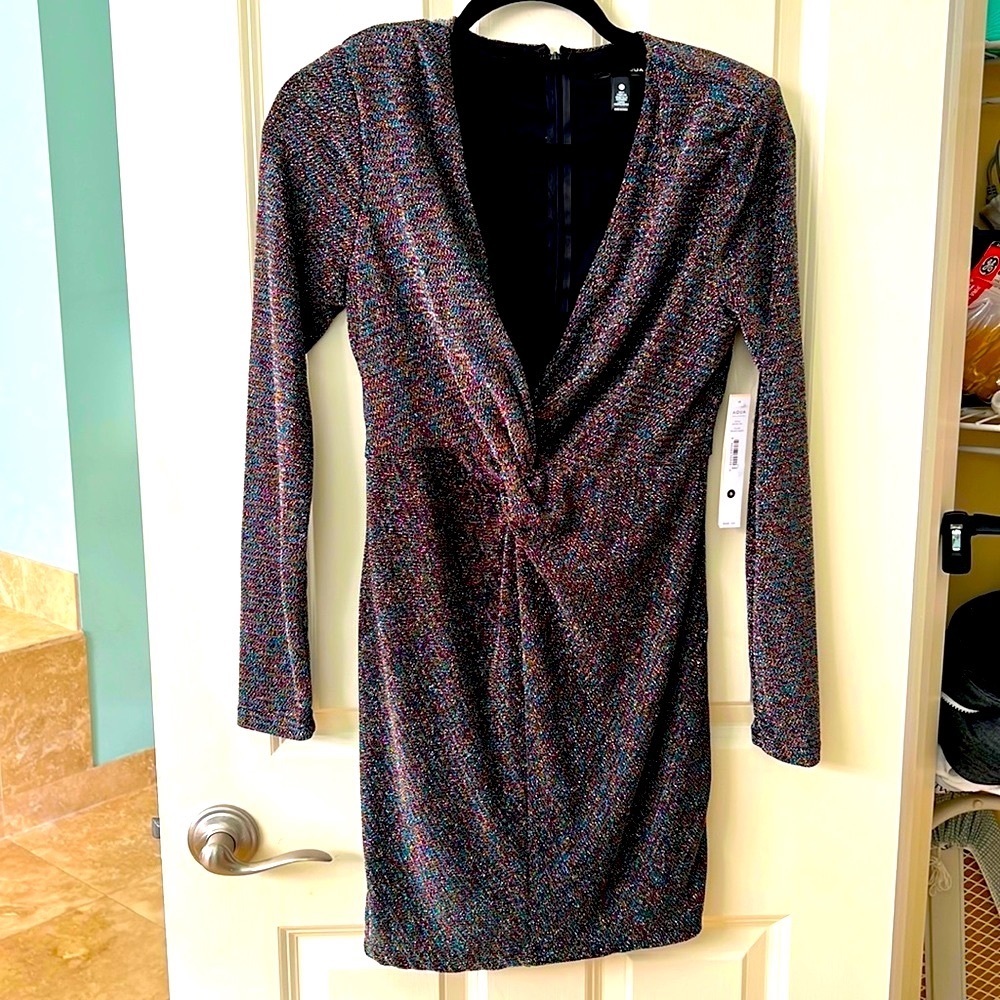 NWT Aqua metallic thread twist front party dress, fully lined, size small